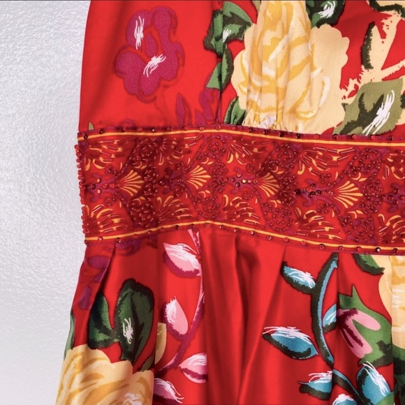 ‧₊˚❀༉ Satin Floral Dress with Yellow Accents and Beading Autumn Fall Colorful - Picture 5 of 15